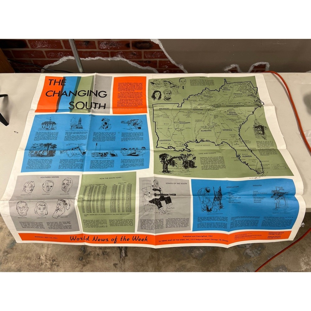 Vintage Educational Classroom Map The Changing South 1961 World News Week